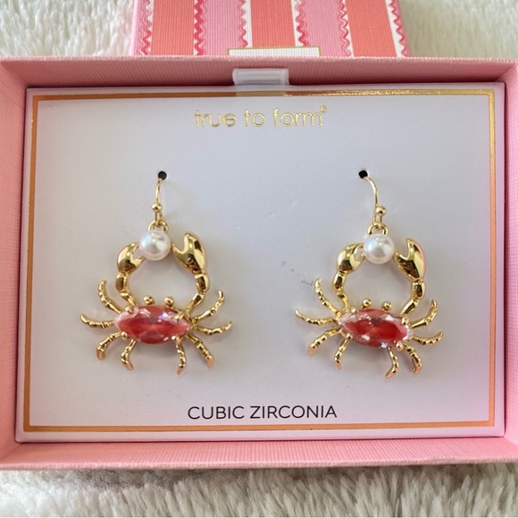 Whimsical Gold and Coral Pink Crab Pearl Cubic Zirconia Earrings - Picture 7 of 10